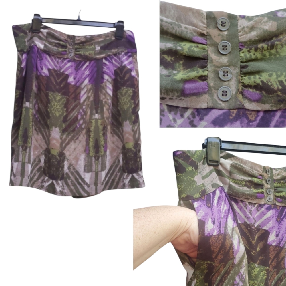 Worthington Abstract Fine Mesh Overlay Purple Green Pockets Skirt 16
